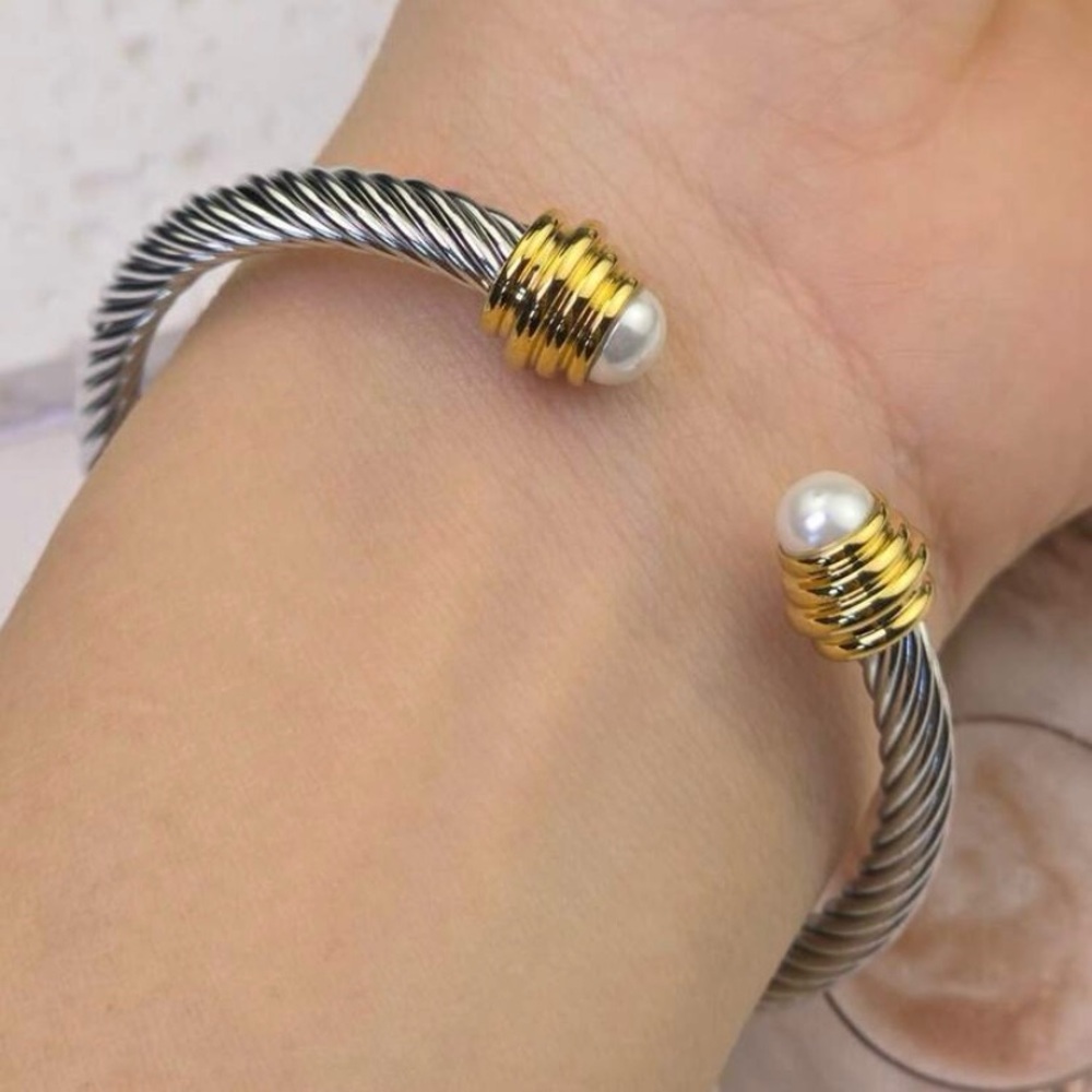 Gold & Silver Pearl Cable Cuff Bracelet - Women Jewelry